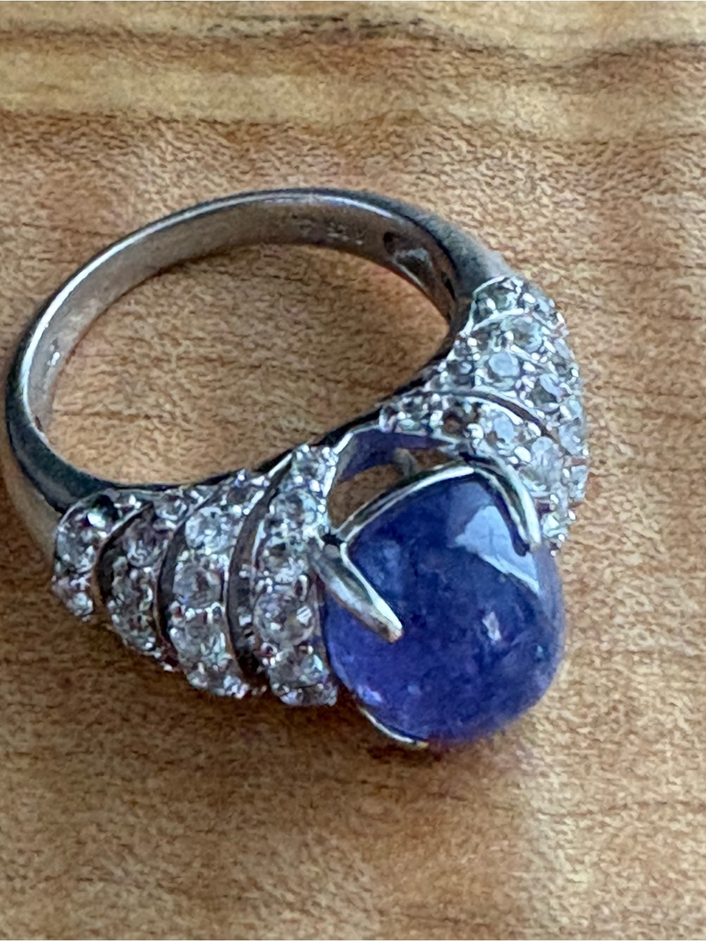 925 Sterling Silver Cocktail Ring w/ Cabochon Sapphire & Pavé White Sapphires